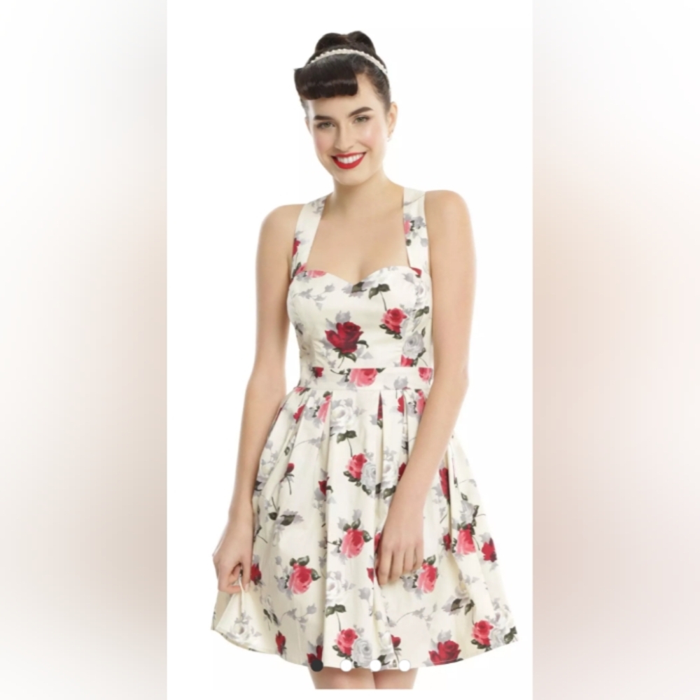 Hell Bunny Red and Retro Cream Floral Mini Dress
